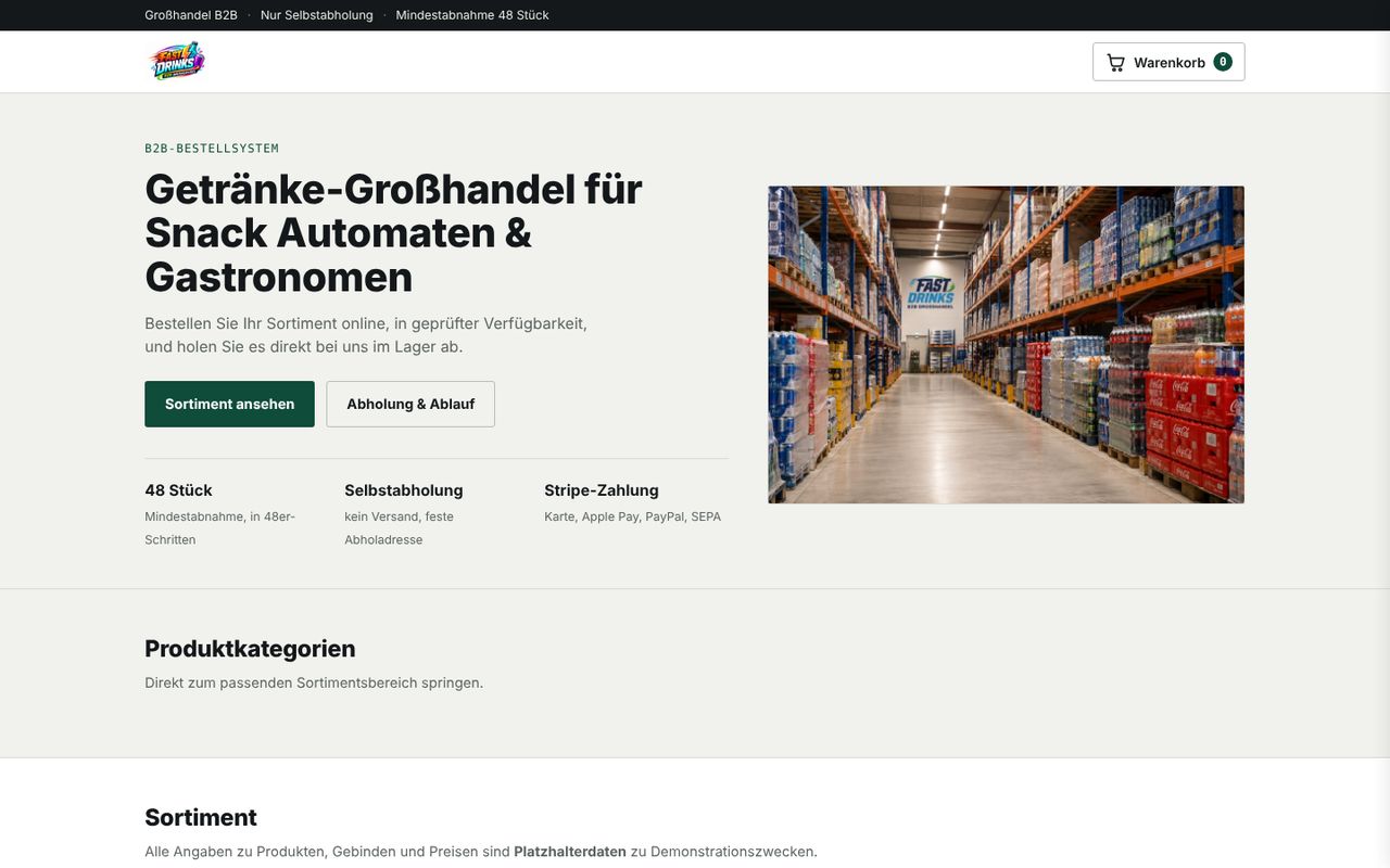 Startseite der Demo-Website für Fastdrinks mit Online-Bestellsystem